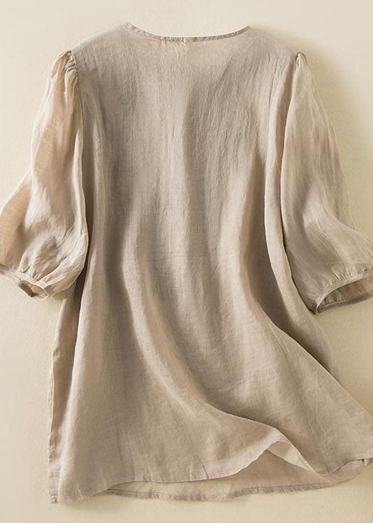 Apricot Embroideried Wrinkled Patchwork Cotton T Shirt Summer