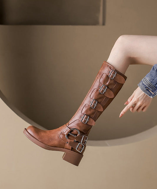 Brown Chunky Cowhide Leather Stylish Splicing Boots