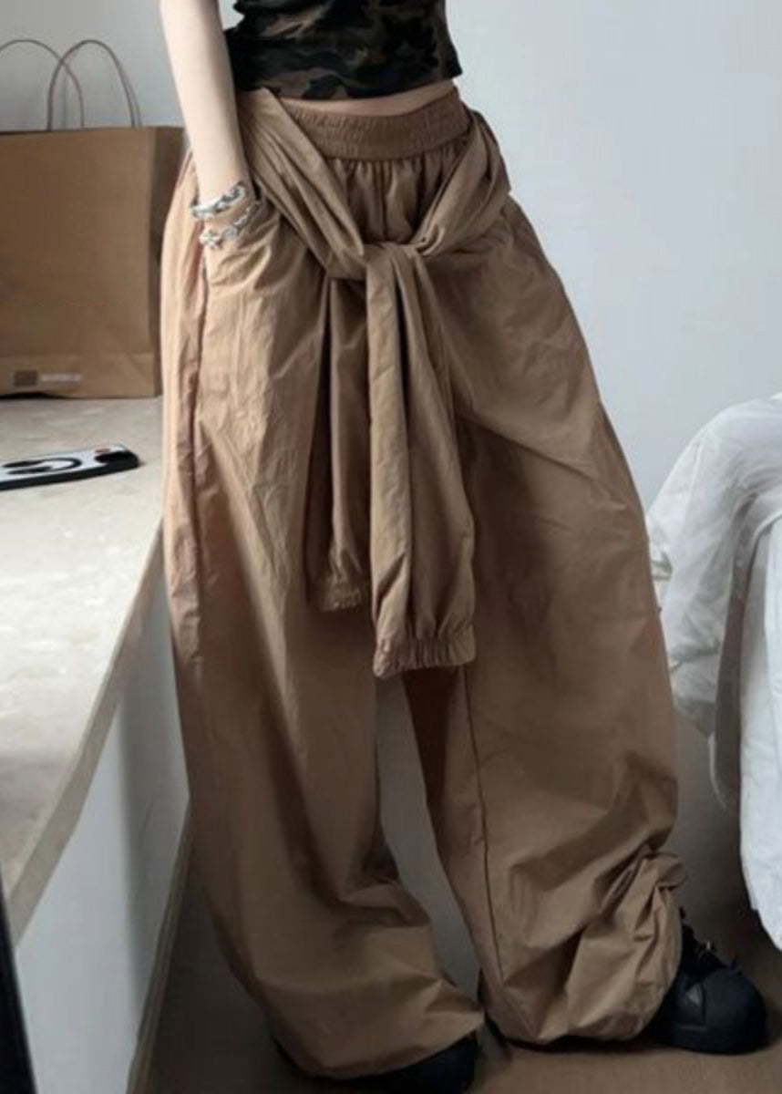 Khaki Pockets Elastic Waist Cotton Pants Summer