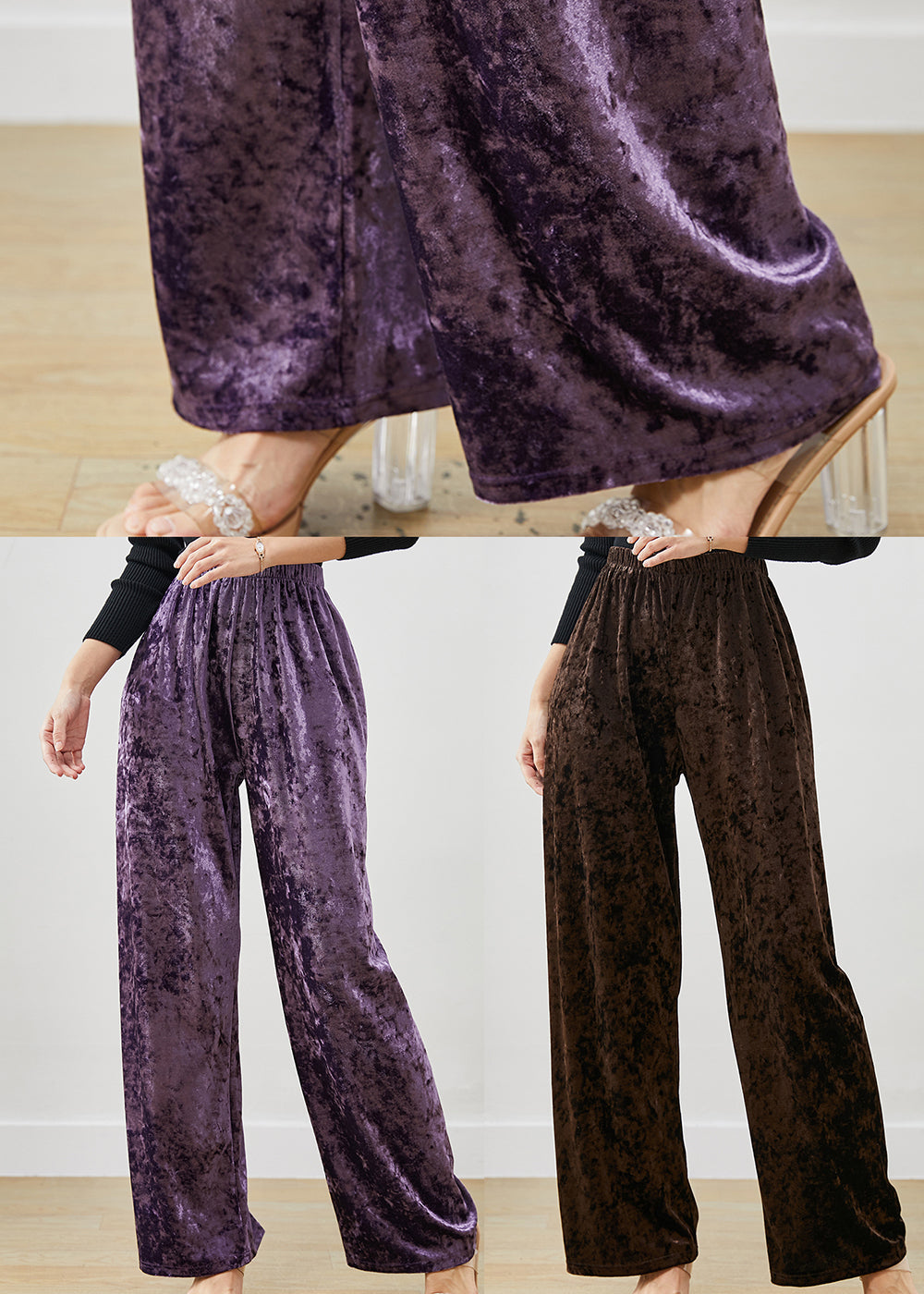 Purple Elastic Waist Silk Velvet Straight Pants Spring