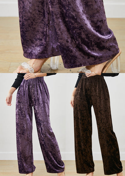 Purple Elastic Waist Silk Velvet Straight Pants Spring