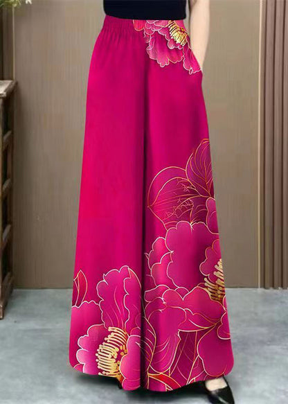 Rose Print Elastic Waist Cotton Wide Leg Pants Pockets Summer