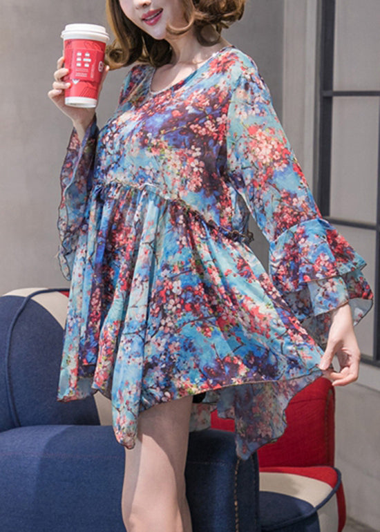 Blue Chiffon Shirt Tops Asymmetrical Design Flare Sleeve