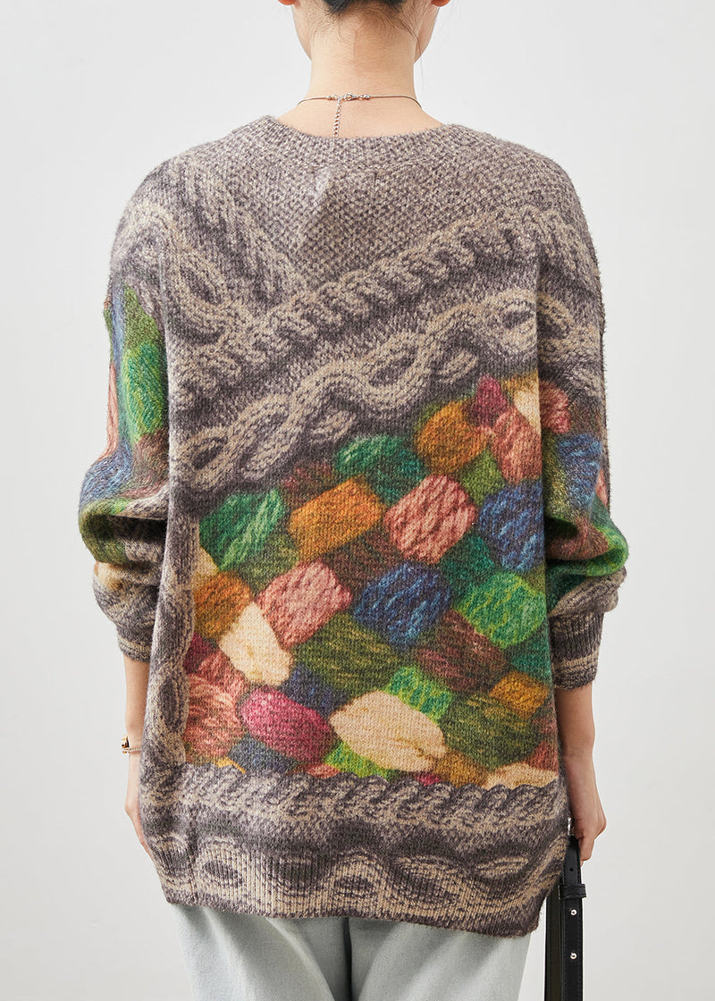 Khaki Oversized Thick Print Knit Pullover Spring