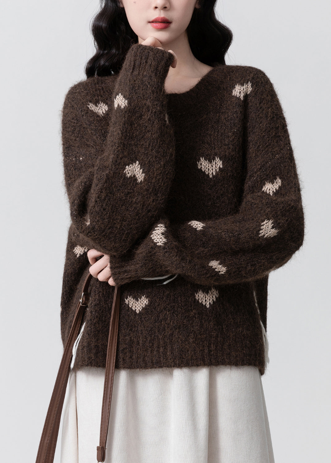 Coffee O Neck Jacquard Thick Knit Sweaters Spring