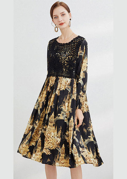 Black Hollow Out Print Dress Spring