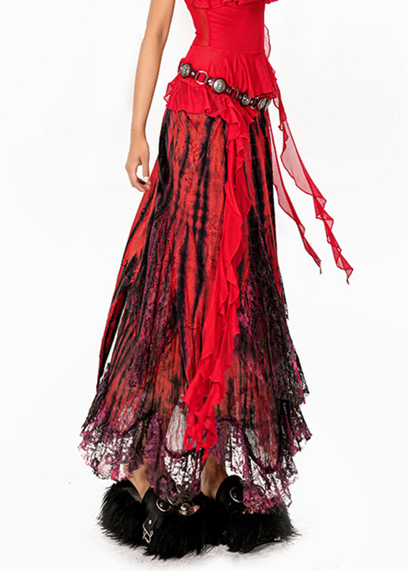 French Red Tie Dye Asymmetrical Patchwork a Line Skirts