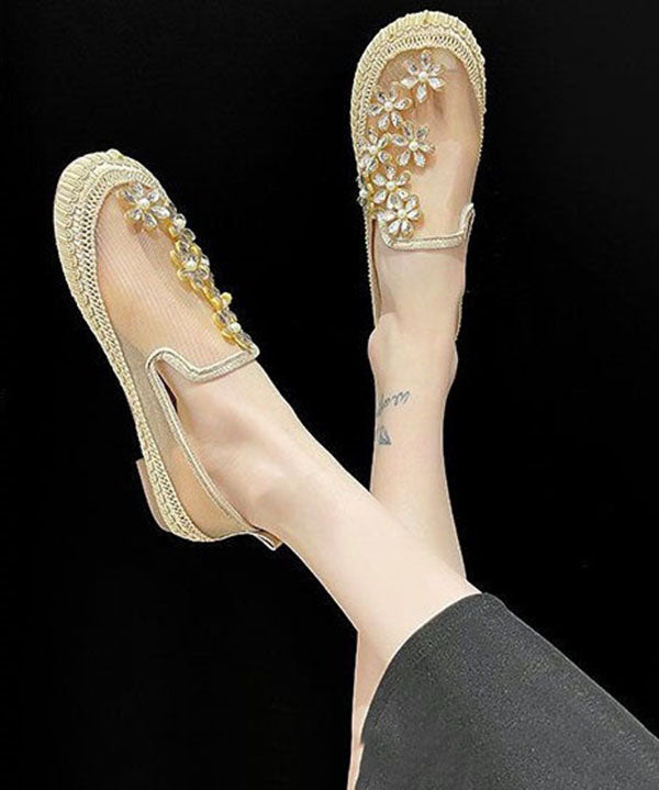 Gold Penny Loafers Breathable Mesh Retro Splicing Zircon