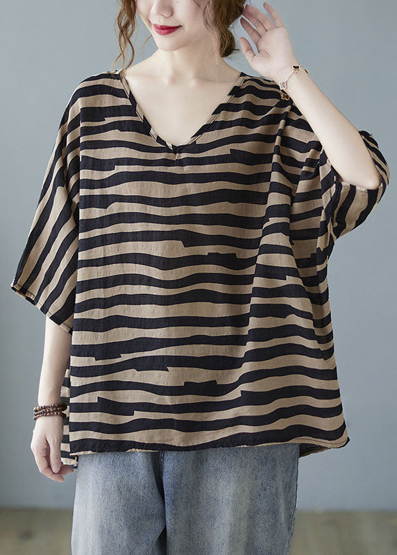 Khaki V Neck Bat Wing Sleeve Striped Print Fall Blouses