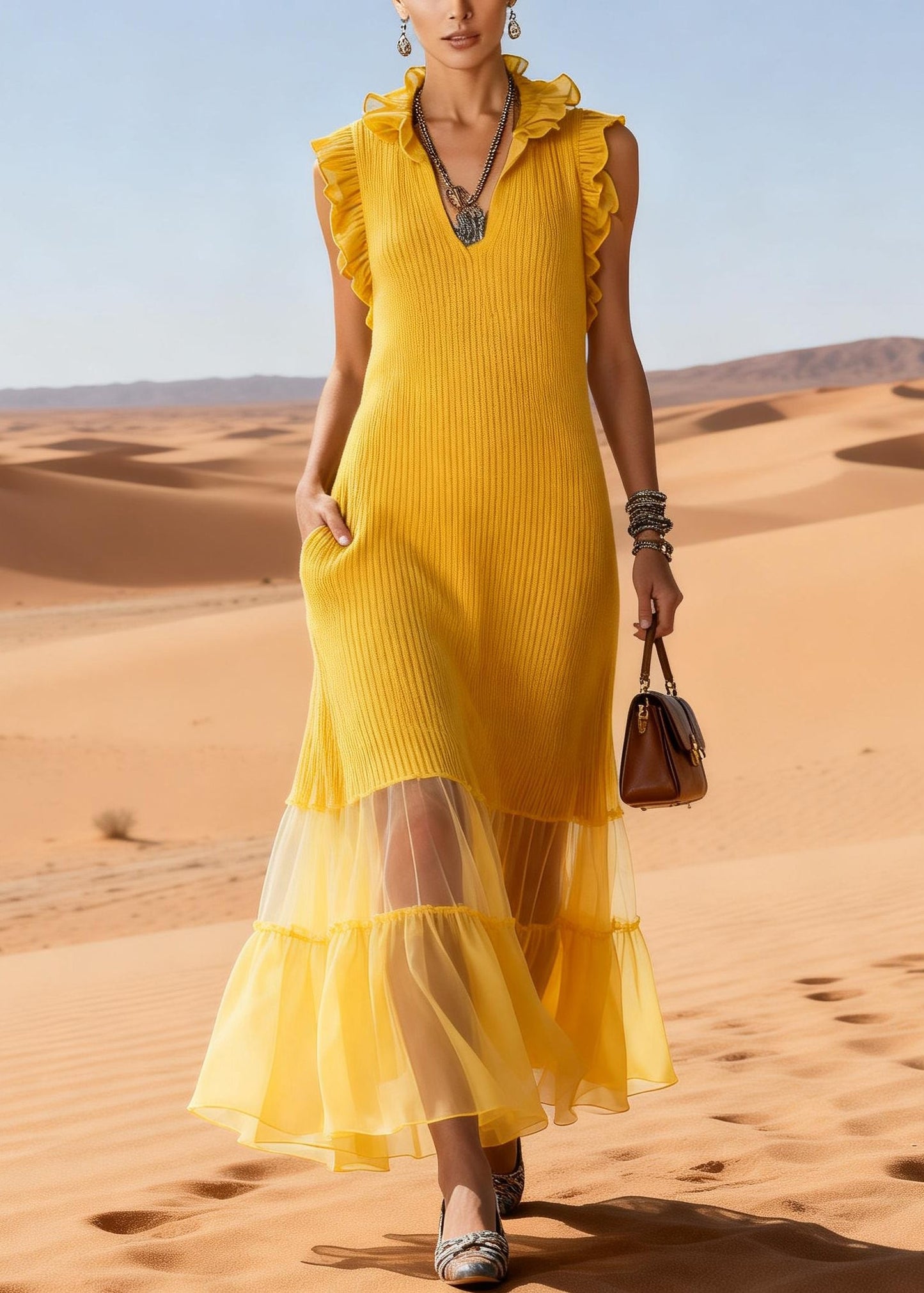 Yellow Ruffled Tulle Patchwork Knit Long Sweater Dress Sleeveless Spring