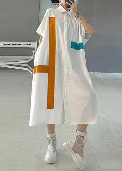 Natural White Summer Patchwork Cotton Short Sleeve Robe Dresses