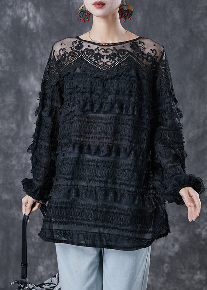 Black Hollow Out Patchwork Lace Top Spring