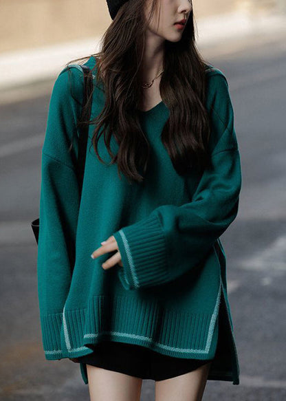 Green Sailor Collar Side Open Cozy Knitted Tops Spring