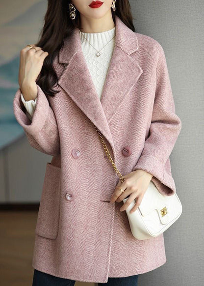 Pink Peter Pan Collar Double Breast Pockets Woolen Coat Winter
