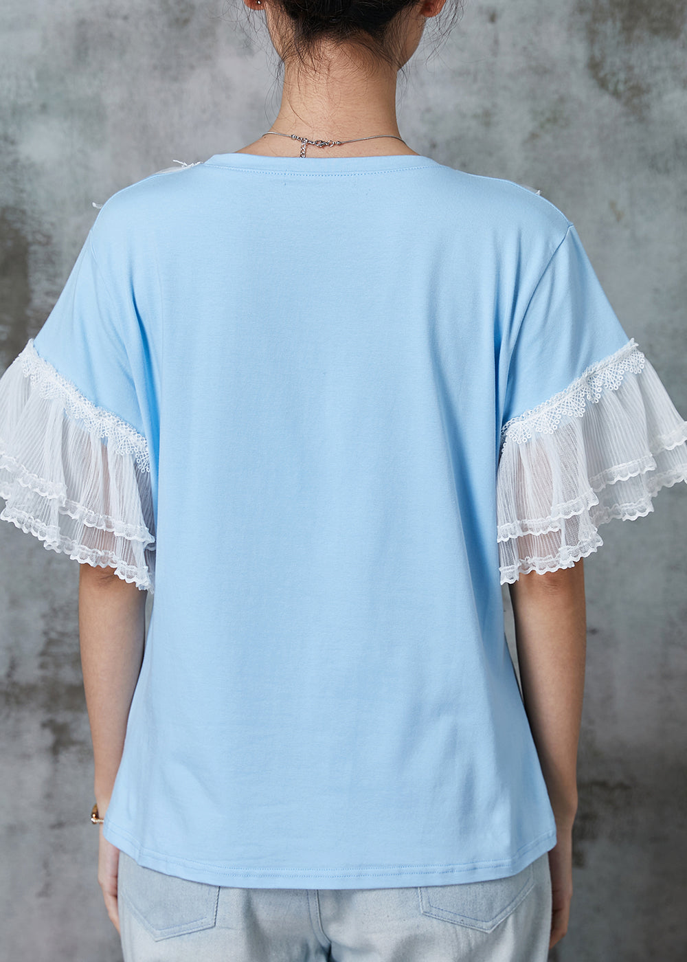 Modern Blue Patchwork Lace Cotton Tank Flare Sleeve