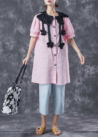 Modern Pink Jacquard Cotton Shirt Dress Summer