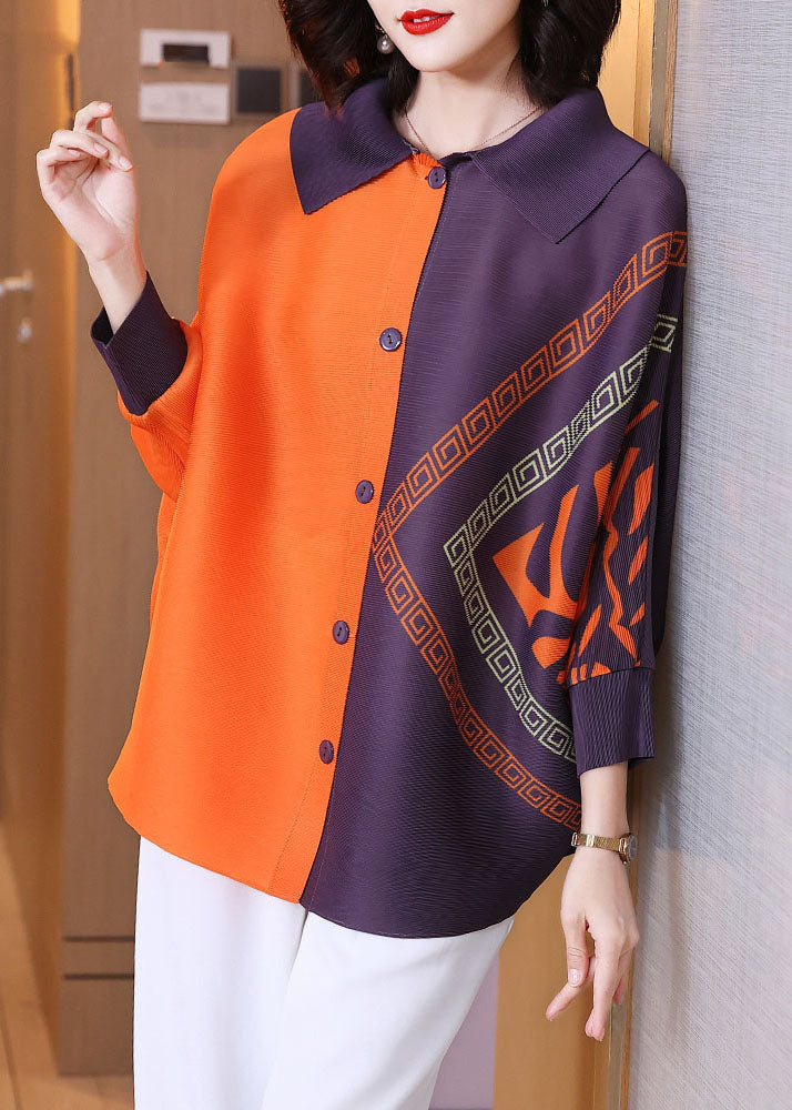Orange Peter Pan Collar Print Button Shirt Long Sleeve