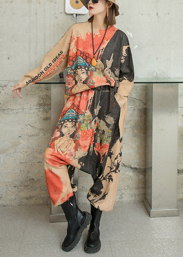 Khaki Asymmetrical Character Print Knit Two Piece Outfit Long Sleeve