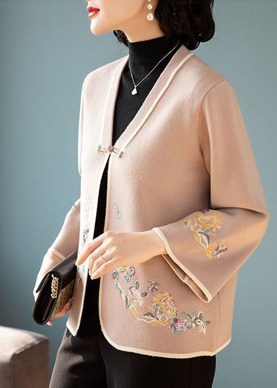 Camel Oriental Woolen Coat Outwear V Neckembroideried Long Sleeve