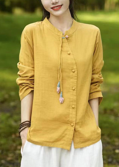 Mulberry Stand Collar Tasseled Patchwork Cotton Shirts Fall