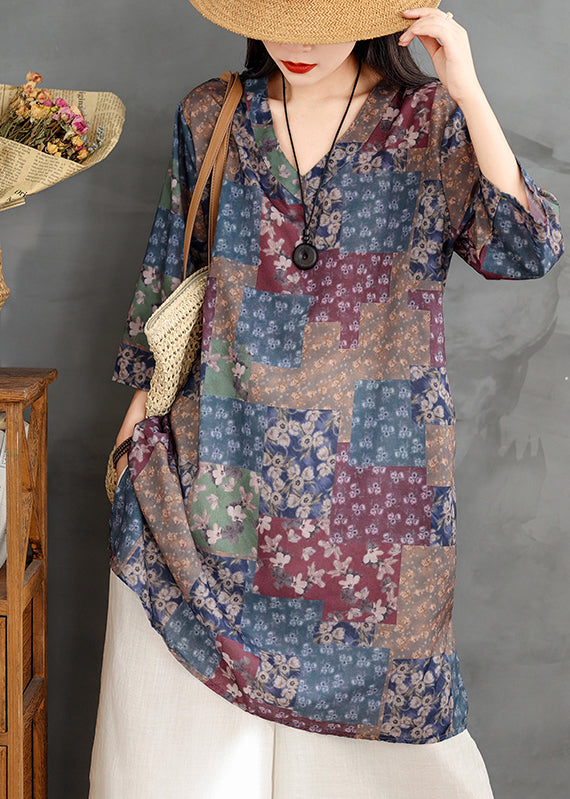 Colorblock V Neck Print Linen Mini Dress Summer