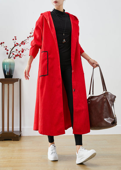 Red Hooded Big Pockets Corduroy Trench Coat Fall