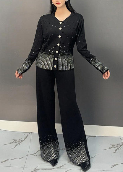 Classy Black V Neck Dot Print Knit Top and Wide Leg Pants Two Pieces Set Spring
