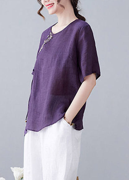 Purple O-neck Patchwork Linen T Shirt Short Sleeve