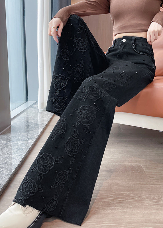 Black Embroidered Nail Bead Denim Bell-bottom Trousers Fall