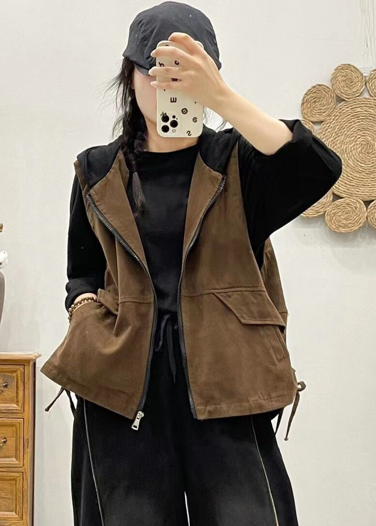 Khaki Hooded Zippered Patchwork Denim Vest Sleeveless
