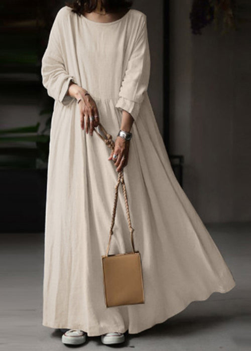 Loose White O Neck Cotton Maxi Dress Long Sleeve Fall