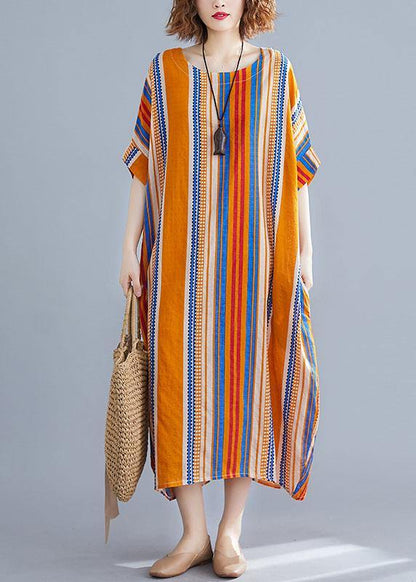 Orange O-neck Striped Summer Cotton Maxi Dresses