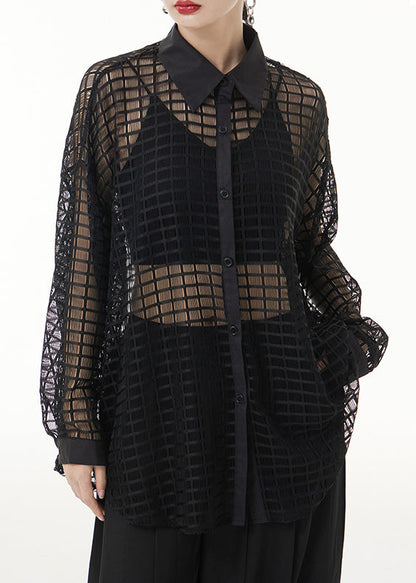 Black Peter Pan Collar Hollow Out Patchwork Lace Shirts Long Sleeve