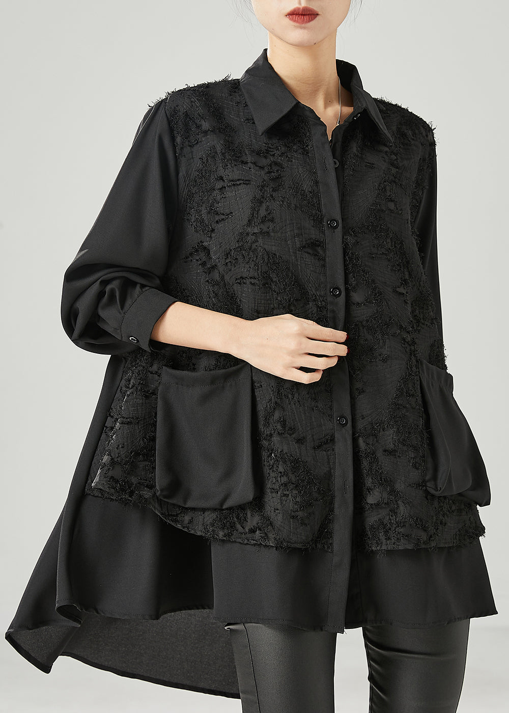 Black Asymmetrical Patchwork Cotton Shirt Dress Spring