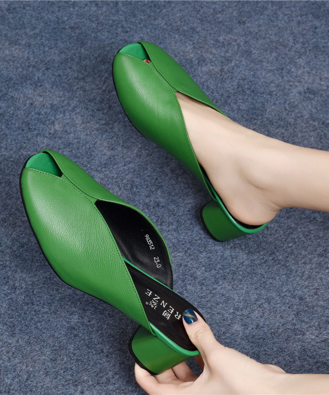 Green Splicing Cowhide Leather Chunky Slide Sandals Peep Toe