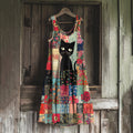 Comstylish Vintage Cat Floral Patchwork Art Linen Blend Tank Dress