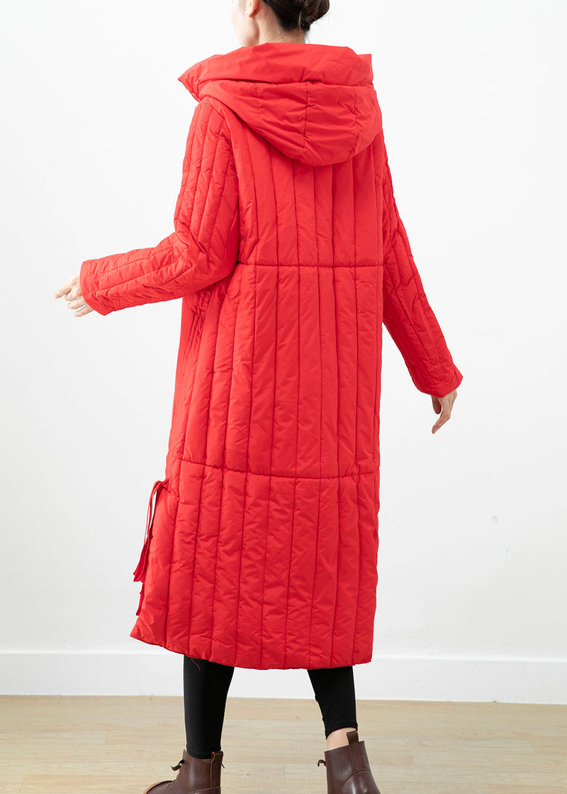 Red Hooded Pockets Fine Cotton Filled Puffer Jacket Winter