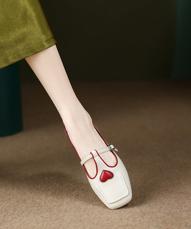 Beige Heart Cowhide Leather Flat Feet Shoes Versatile