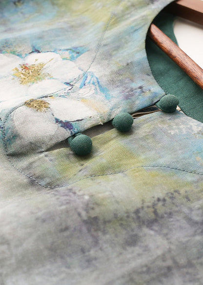 Boutique Blue Green Print Button Linen Shirt Tops Three Quarter Sleeve