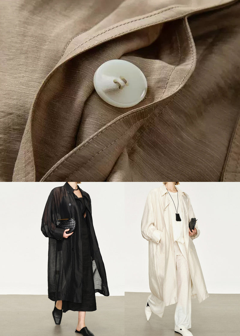New Black Button Pockets Linen Silk Long Trench Coat Batwing Sleeve