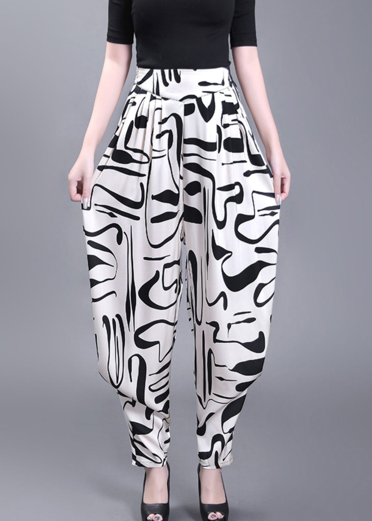 White Pockets Print High Waist Chiffon Pants Summer