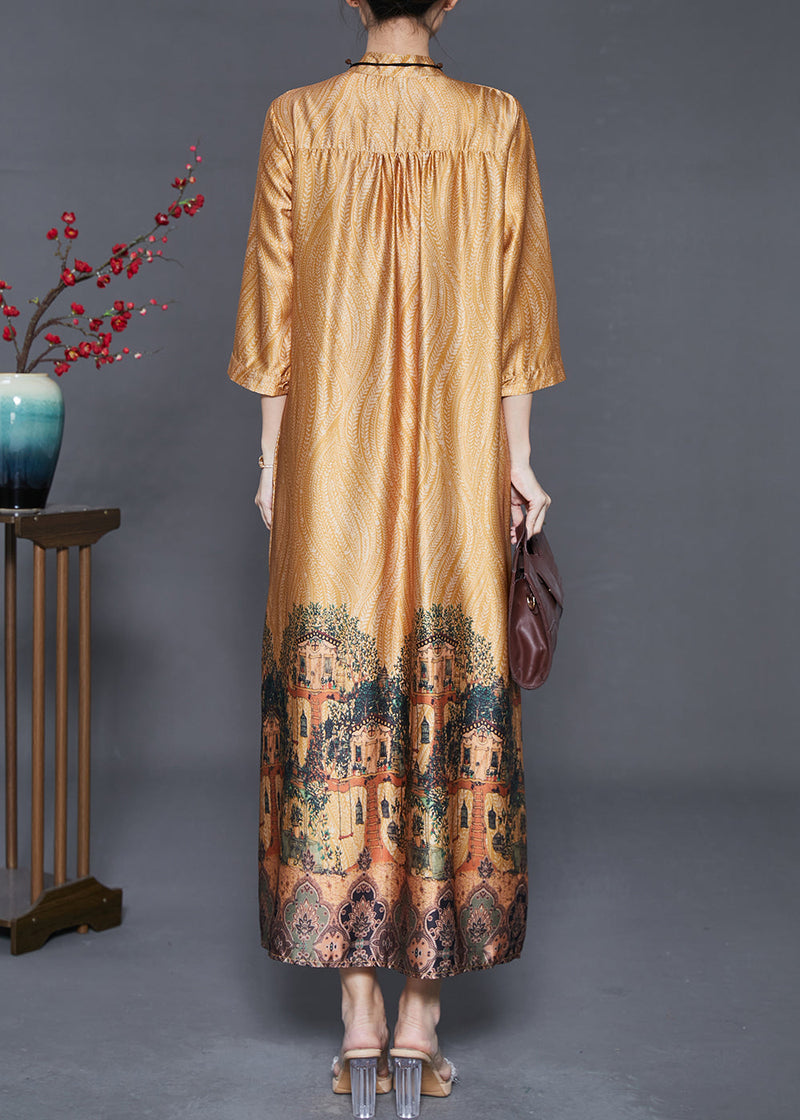 Yellow Hollow Out Print Wrinkled Silk Shirt Dresses Summer
