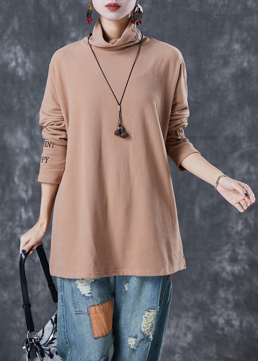 Khaki Turtle Neck Letter Embroideried Velour Tops Fall