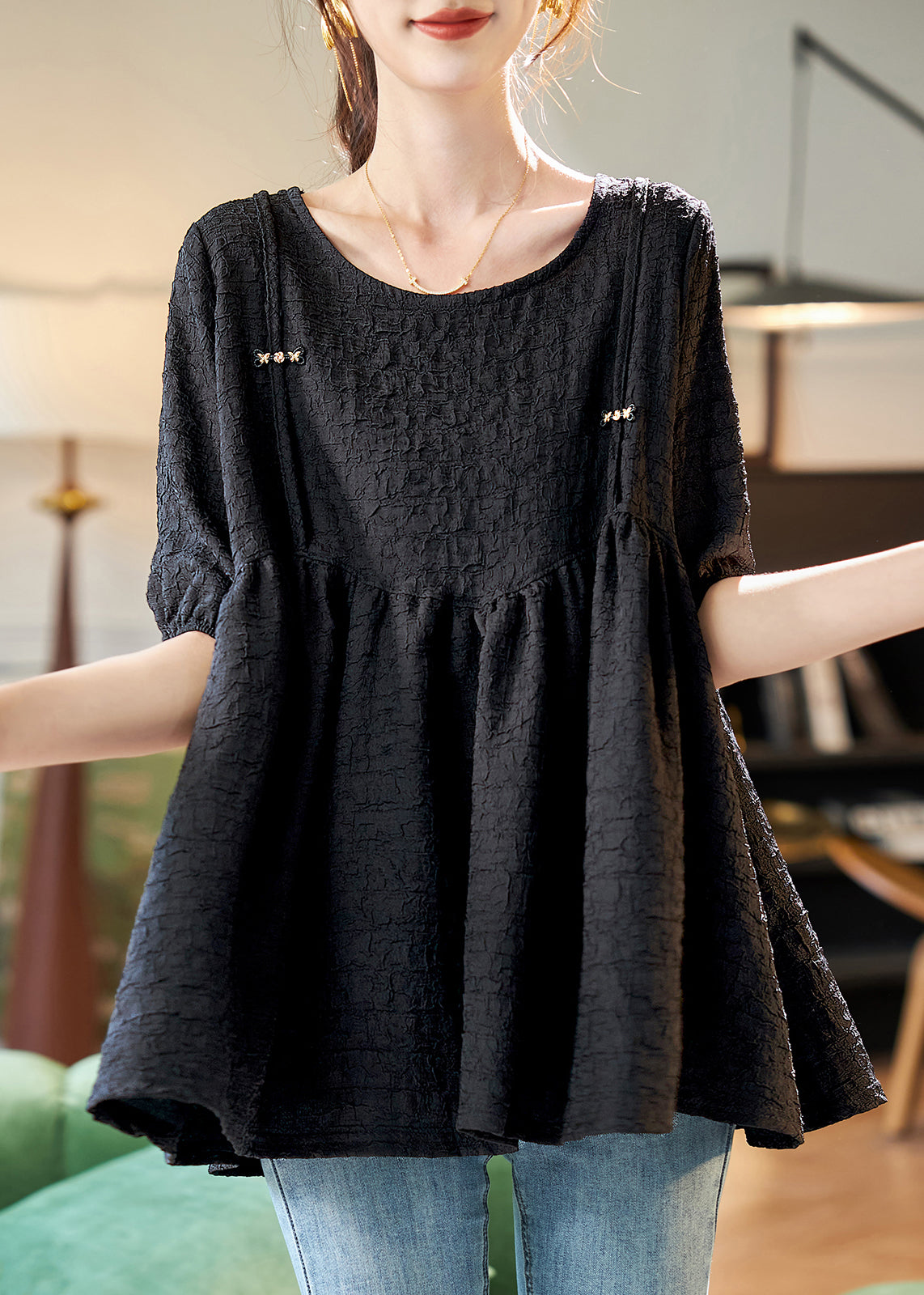 Simple Black O-neck Patchwork Chiffon T Shirts Summer