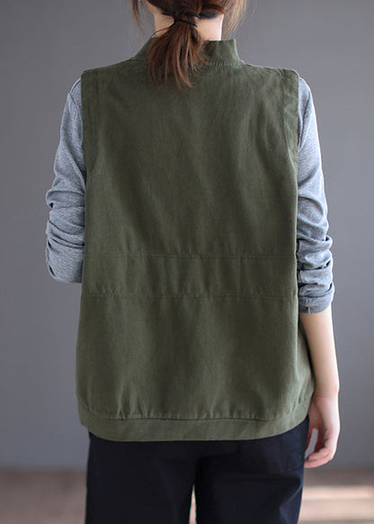 Loose Orange V Neck Button Pockets Cotton Waistcoat Sleeveless