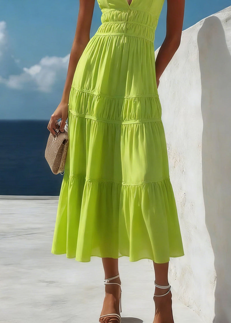New Green V Neck Wrinkled Patchwork Cotton Dresses Summer