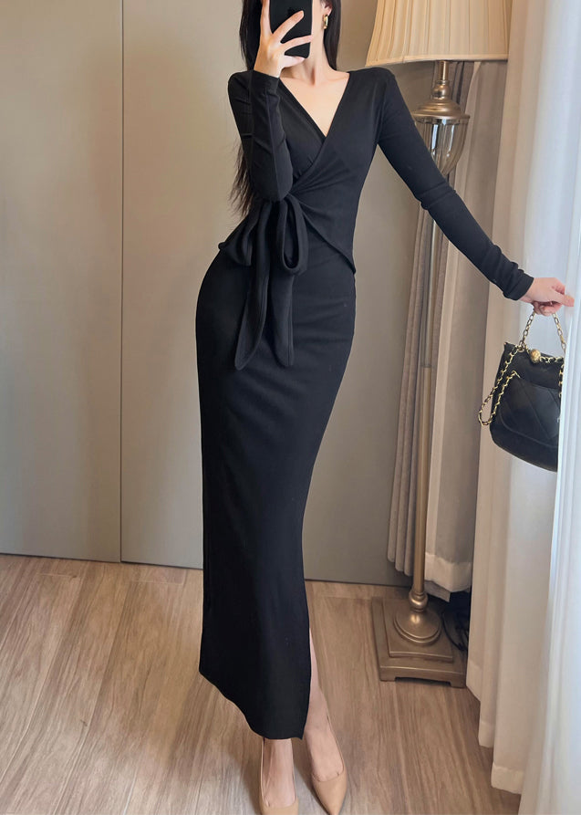 Orange Tie Waist Side Open Knit Long Dress