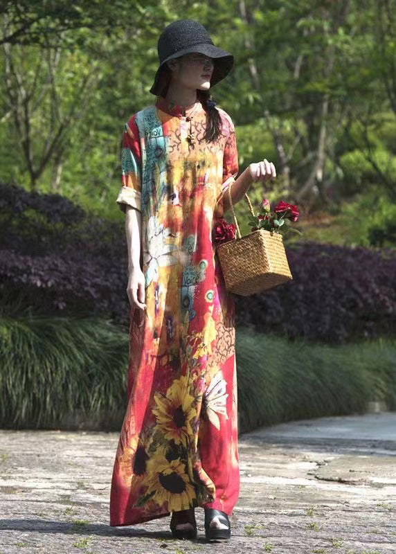 Original Stand Collar Print Linen Long Dresses Spring