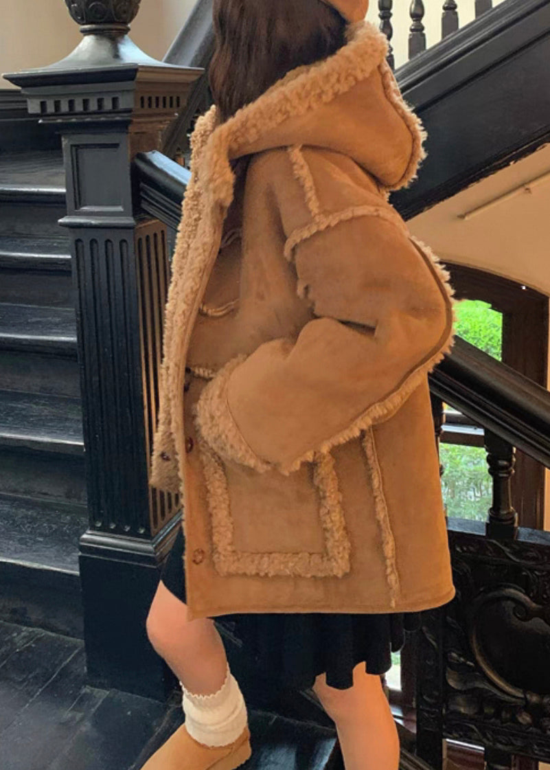 Brown Hooded Pockets Fleece Wool Lined Coat Spring