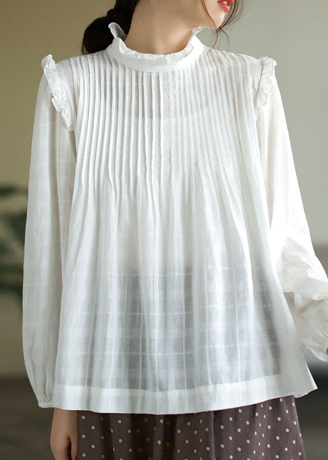 French White Ruffled Patchwork Cotton Shirt Top Long Sleeve Fall